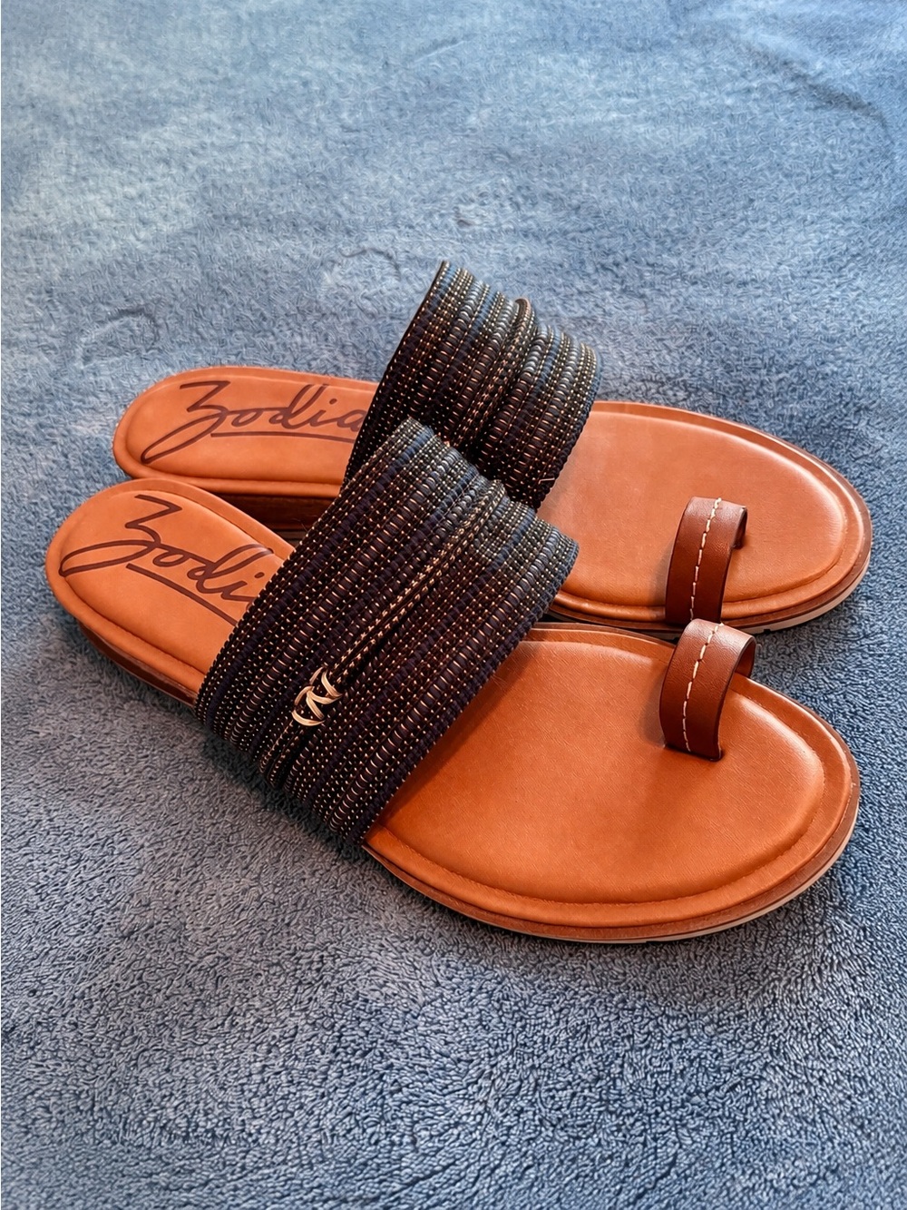 Zodiac Woven Toe Loop Sandals Women’s 10M Brown Navy Cork Boho Slides